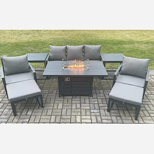 Fimous Aluminium Patio Outdoor Garden Furniture Lounge Sofa Set Gas Fire Pit Dining Table with 2 Side Tables 2 Big Footstools Dark Grey