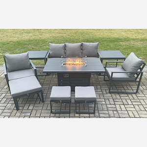 Fimous Aluminium Patio Outdoor Garden Furniture Lounge Sofa Set Gas Fire Pit Dining Table with 2 Side Tables 3 Footstools Dark Grey