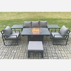 Fimous Aluminium Outdoor Garden Furniture Set Gas Fire Pit Dining Table Set Gas Heater Burner with 2 Arm Chair 2 Side Tables Big Footstool Dark Grey 6 Seater