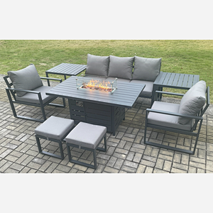 Fimous Aluminium Patio Outdoor Garden Furniture Lounge Sofa Set Gas Fire Pit Dining Table with 2 Side Tables 2 Small Footstools Dark Grey