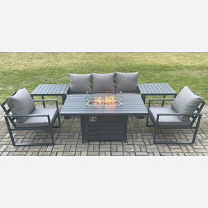 Fimous Aluminium Outdoor Garden Furniture Set Gas Fire Pit Dining Table Set Gas Heater Burner with 2 Arm Chair 2 Side Tables Dark Grey 5 Seater