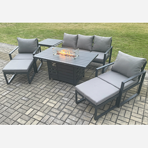 Fimous Aluminium Patio Outdoor Garden Furniture Lounge Sofa Set Gas Fire Pit Dining Table with Side Table 2 Big Footstools Dark Grey
