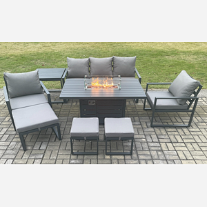 Fimous Aluminium Patio Outdoor Garden Furniture Lounge Sofa Set Gas Fire Pit Dining Table with Side Table 3 Footstools Dark Grey