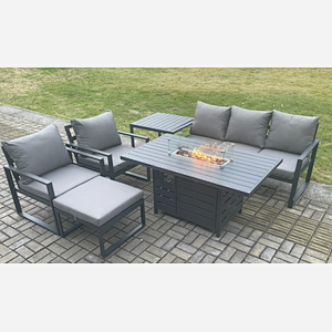 Fimous Aluminium Outdoor Garden Furniture Set Gas Fire Pit Dining Table Set Gas Heater Burner with 2 Arm Chair Side Table Big Footstool Dark Grey 6 Seater