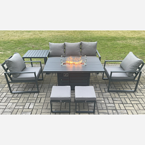 Fimous Aluminium Patio Outdoor Garden Furniture Lounge Sofa Set Gas Fire Pit Dining Table with Side Table 2 Small Footstools Dark Grey