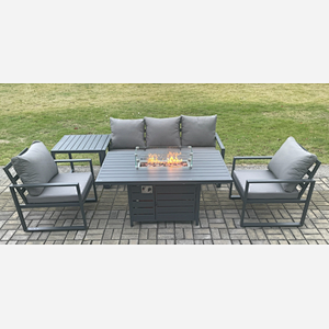 Fimous Aluminium Outdoor Garden Furniture Set Gas Fire Pit Dining Table Set Gas Heater Burner with 2 Arm Chair Side Table Dark Grey 5 Seater