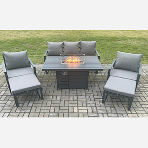 Fimous Aluminium Patio Outdoor Garden Furniture Lounge Sofa Set Gas Fire Pit Dining Table with 2 Big Footstools Dark Grey