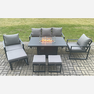 Fimous Aluminium Patio Outdoor Garden Furniture Lounge Sofa Set Gas Fire Pit Dining Table with 3 Footstools Dark Grey