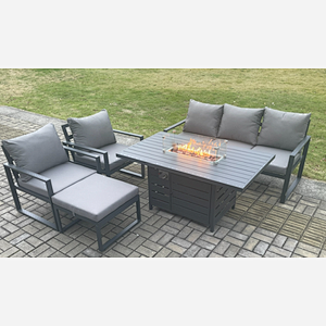 Fimous Aluminium Outdoor Garden Furniture Set Gas Fire Pit Dining Table Set Gas Heater Burner with 2 Arm Chair Big Footstool Dark Grey 6 Seater