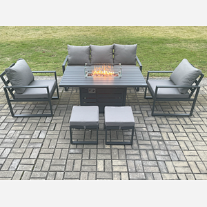 Fimous Aluminium Outdoor Garden Furniture Set Gas Fire Pit Dining Table Set Gas Heater Burner with 2 Arm Chair 2 Small Footstools Dark Grey 7 Seater