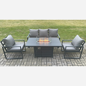 Fimous Aluminium Outdoor Garden Furniture Set Gas Fire Pit Dining Table Set Gas Heater Burner with 2 Arm Chair Dark Grey 5 Seater