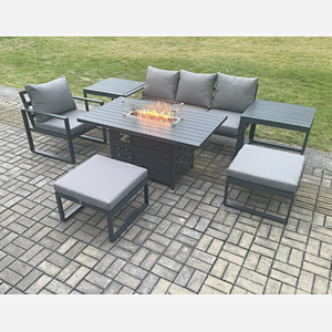 Fimous Aluminium 7 Pieces Garden Furniture Sofa Set with Cushions Gas Fire Pit Dining Table Set with 2 Big Footstools 2 Side Tables Dark Grey
