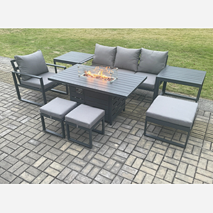 Fimous Aluminium 8 Pieces Garden Furniture Sofa Set with Cushions Gas Fire Pit Dining Table Set with 3 Footstools 2 Side Tables Dark Grey