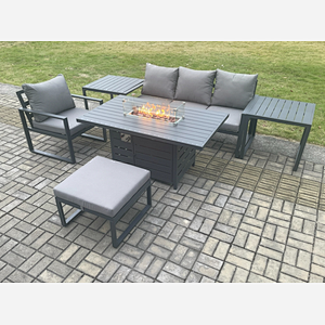 Fimous Aluminium 6 Pieces Garden Furniture Sofa Set with Cushions Gas Fire Pit Dining Table Set with 2 Side Tables Big Footstool Dark Grey