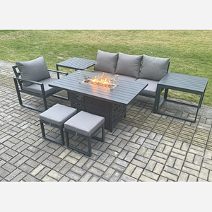 Fimous Aluminium 7 Pieces Garden Furniture Sofa Set with Cushions Gas Fire Pit Dining Table Set with 2 Small Footstools 2 Side Tables Dark Grey
