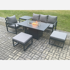 Fimous Aluminium 6 Pieces Garden Furniture Sofa Set with Cushions Gas Fire Pit Dining Table Set with 2 Big Footstools Side Table Dark Grey