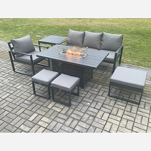 Fimous Aluminium 7 Pieces Garden Furniture Sofa Set with Cushions Gas Fire Pit Dining Table Set with 3 Footstools Side Table Dark Grey