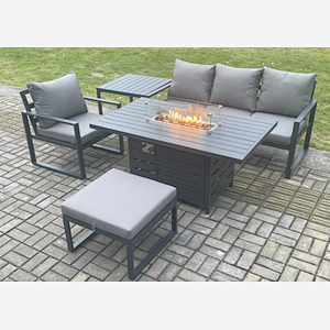 Fimous Aluminium 5 Pieces Garden Furniture Sofa Set with Cushions Gas Fire Pit Dining Table Set with Side Table Big Footstool Dark Grey
