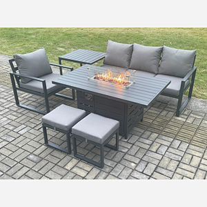 Fimous Aluminium 6 Pieces Garden Furniture Sofa Set with Cushions Gas Fire Pit Dining Table Set with 2 Small Footstools Side Table Dark Grey