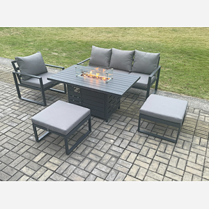 Fimous Aluminium 5 Pieces Garden Furniture Sofa Set with Cushions Gas Fire Pit Dining Table Set with 2 Big Footstools Dark Grey