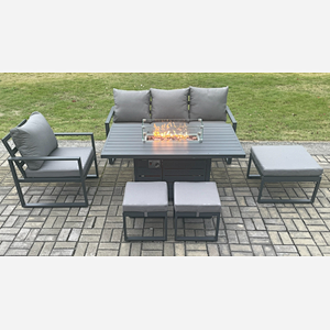 Fimous Aluminium Outdoor Garden Furniture Set Gas Fire Pit Dining Table Set Gas Heater Burner with 3 Footstools Dark Grey 7 Seater