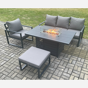 Fimous Aluminium Outdoor Garden Furniture Set Gas Fire Pit Dining Table Set Gas Heater Burner with Big Footstool Dark Grey 5 Seater