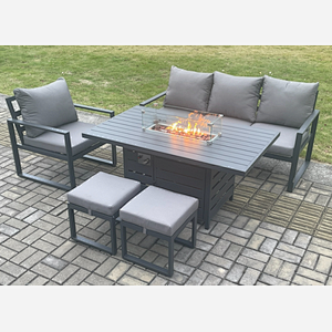 Fimous Aluminium Outdoor Garden Furniture Set Gas Fire Pit Dining Table Set Gas Heater Burner with 2 Small Footstools Dark Grey 6 Seater