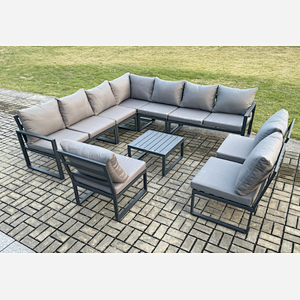 Fimous 10 Seater Patio Outdoor Garden Furniture Aluminium Lounge Corner Sofa Set with Square Coffee Table Dark Grey