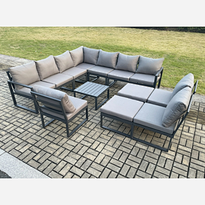 Fimous 12 Seater Outdoor Aluminium Garden Furniture Set Corner Lounge Sofa Set with Square Coffee Table 2 Big Footstools Dark Grey