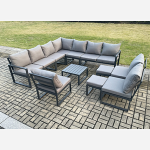 Fimous 12 Seater Outdoor Aluminium Garden Furniture Set Corner Lounge Sofa Set with Square Coffee Table 2 Small Footstools Dark Grey