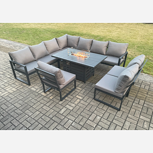 Fimous Aluminium 10 Seater Lounge Corner Sofa Outdoor Garden Furniture Sets Gas Fire Pit Dining Table Set Dark Grey