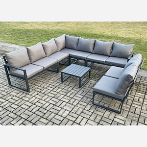 Fimous 9 Seater Patio Outdoor Garden Furniture Aluminium Lounge Corner Sofa Set with Square Coffee Table Dark Grey