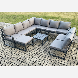 Fimous 10 Seater Patio Outdoor Garden Furniture Aluminium Lounge Corner Sofa Set with Square Coffee Table with Big Footstool Dark Grey