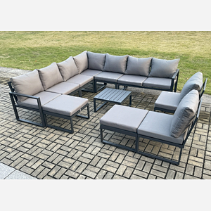 Fimous 11 Seater Patio Outdoor Garden Furniture Aluminium Lounge Corner Sofa Set with Square Coffee Table with 2 Big Footstools Dark Grey