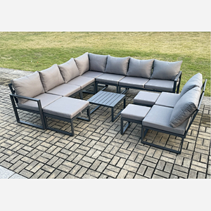 Fimous 12 Seater Patio Outdoor Garden Furniture Aluminium Lounge Corner Sofa Set with Square Coffee Table with 3 Footstools Dark Grey