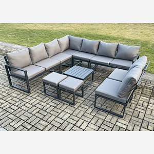 Fimous 11 Seater Patio Outdoor Garden Furniture Aluminium Lounge Corner Sofa Set with Square Coffee Table with 2 Small Footstools Dark Grey