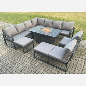 Fimous Aluminium 11 Seater Lounge Corner Sofa Outdoor Garden Furniture Sets Gas Fire Pit Dining Table Set with 2 Big Footstools Dark Grey