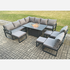 Fimous Aluminium 12 Seater Lounge Corner Sofa Outdoor Garden Furniture Sets Gas Fire Pit Dining Table Set with 3 Footstools Dark Grey