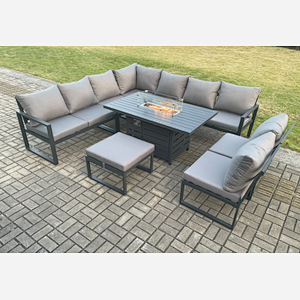 Fimous Aluminium 10 Seater Lounge Corner Sofa Outdoor Garden Furniture Sets Gas Fire Pit Dining Table Set with Big Footstool Dark Grey