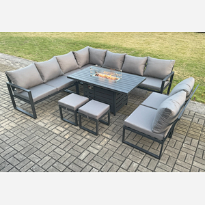 Fimous Aluminium 11 Seater Lounge Corner Sofa Outdoor Garden Furniture Sets Gas Fire Pit Dining Table Set with 2 Small Footstools Dark Grey