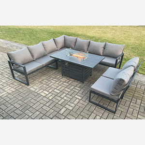 Fimous Aluminium 9 Seater Lounge Corner Sofa Outdoor Garden Furniture Sets Gas Fire Pit Dining Table Set Dark Grey
