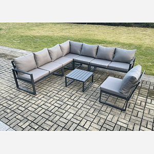 Fimous 8 Seater Patio Outdoor Garden Furniture Aluminium Lounge Corner Sofa Set with Square Coffee Table Dark Grey