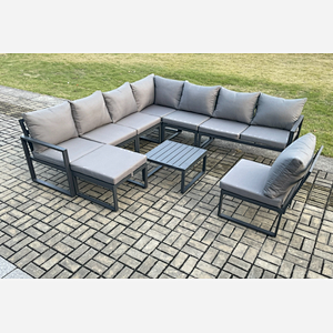 Fimous 9 Seater Patio Outdoor Garden Furniture Aluminium Lounge Corner Sofa Set with Square Coffee Table Big Footstool Dark Grey
