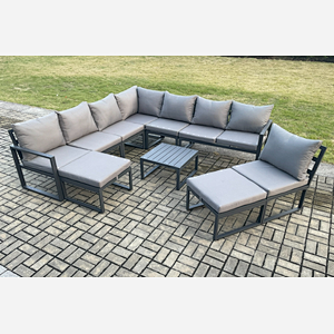 Fimous 10 Seater Patio Outdoor Garden Furniture Aluminium Lounge Corner Sofa Set with Square Coffee Table 2 Big Footstools Dark Grey