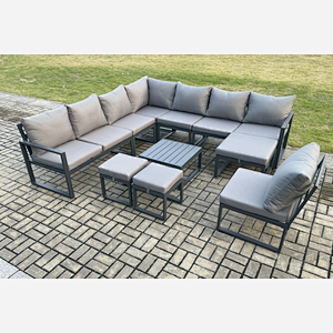 Fimous 11 Seater Patio Outdoor Garden Furniture Aluminium Lounge Corner Sofa Set with Square Coffee Table 3 Footstools Dark Grey