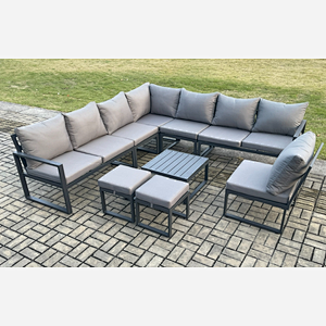 Fimous 10 Seater Patio Outdoor Garden Furniture Aluminium Lounge Corner Sofa Set with Square Coffee Table 2 Small Footstools Dark Grey
