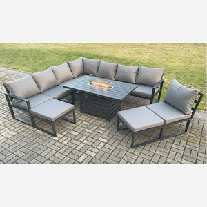 Fimous Aluminium Lounge Corner Sofa Outdoor Garden Furniture Sets Gas Fire Pit Dining Table Set with 2 Big Footstools Dark Grey