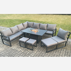 Fimous Aluminium Lounge Corner Sofa Outdoor Garden Furniture Sets Gas Fire Pit Dining Table Set with 3 Footstools Dark Grey