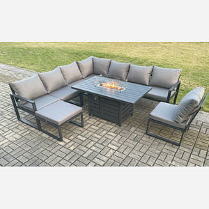 Fimous Aluminium Lounge Corner Sofa Outdoor Garden Furniture Sets Gas Fire Pit Dining Table Set with Big Footstool Dark Grey
