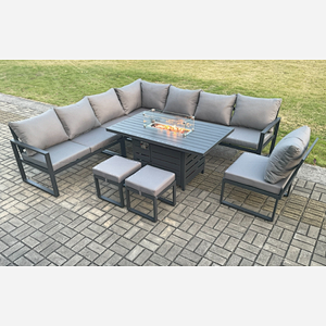 Fimous Aluminium Lounge Corner Sofa Outdoor Garden Furniture Sets Gas Fire Pit Dining Table Set with 2 Small Footstools Dark Grey